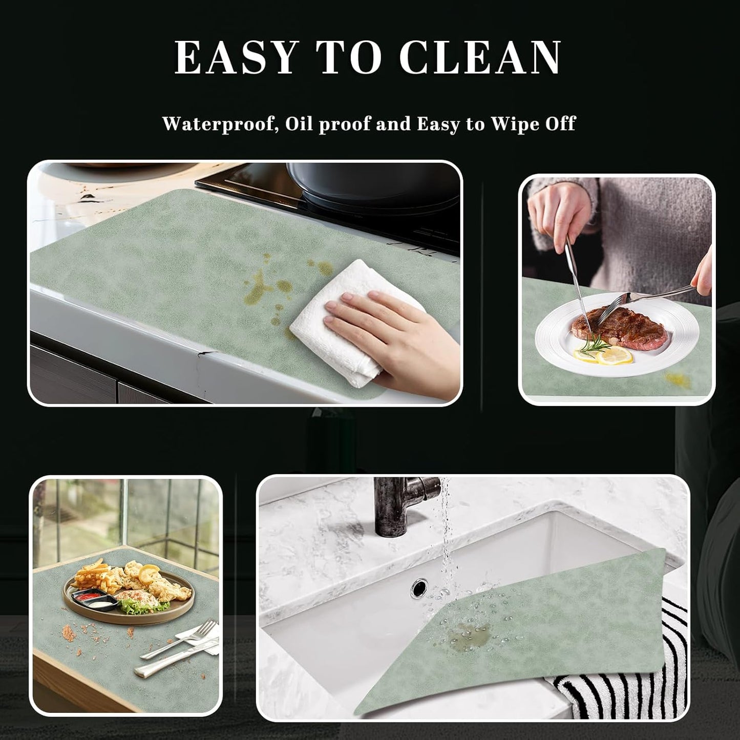 Faux Leather Placemats, Set of 4, 12''×17' Textures on Both Sides, Heat-Resistant, Waterproof and Oil-Proof, Reversible Place Mats for Kitchen, Dining Table, Outdoor - Green&White