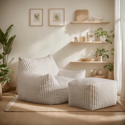 Giant Bean Bag Chairs for Adults, Oversized Chaise Lounge Chair Indoor with Memory Foam - Plush Boneless Lounger & Ottoman for Bedroom, Living Room, Gaming & Reading, Lazy Floor Sofa Chair, Beige