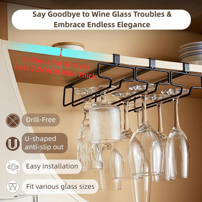 LINFIDITE Wine Glass Holder 2PCS Stemware Rack Hanger Under Cabinet Wine Glass Rack Kitchen Hanging Storage Rack Organizer,Black
