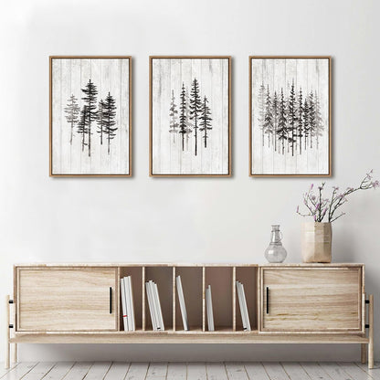 HPINUB Woodcut Style Pine Tree Framed Canvas Wall Art Set, Minimalist Modern Black and White Forest Wall Decor, Rustic Minimalist Canvas Painting for Living Room,Bedroom,Office Decor-16 x24 x3