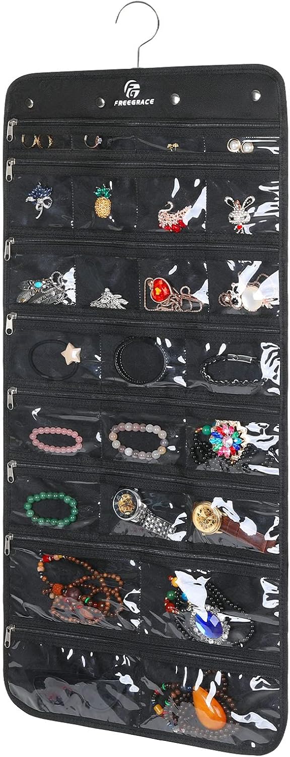 Freegrace Hanging Jewelry Organizer Revolving Hanger - Secure Zipper Closure - 25 Pockets,23 Hooks - Foldable Storage & Display Solution - for All Jewelry & Bijoux (Black)