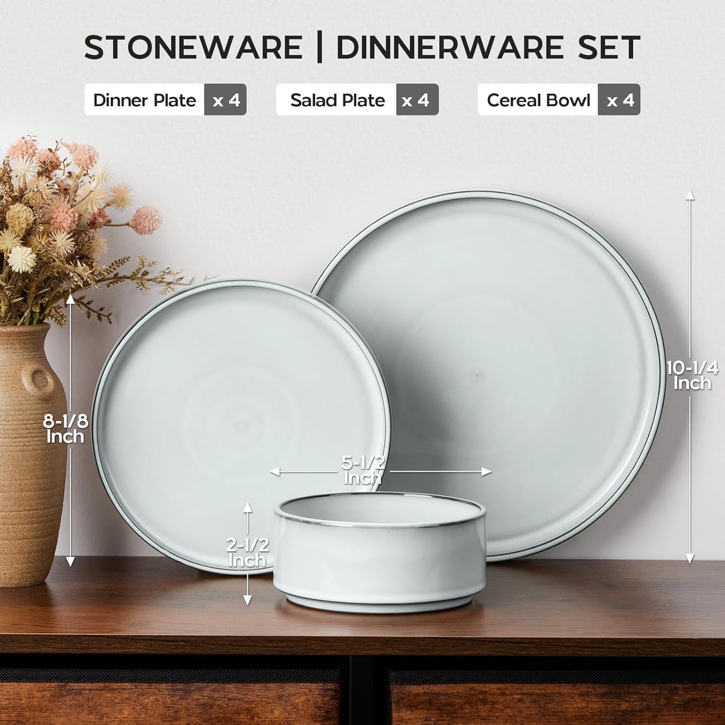 Onader Stoneware Dinnerware Sets, 12 Piece Plates and Bowls Dish Sets for 4, Ceramic Dishware Dining Ware with Rustic Terracotta Bottom - Glacier White