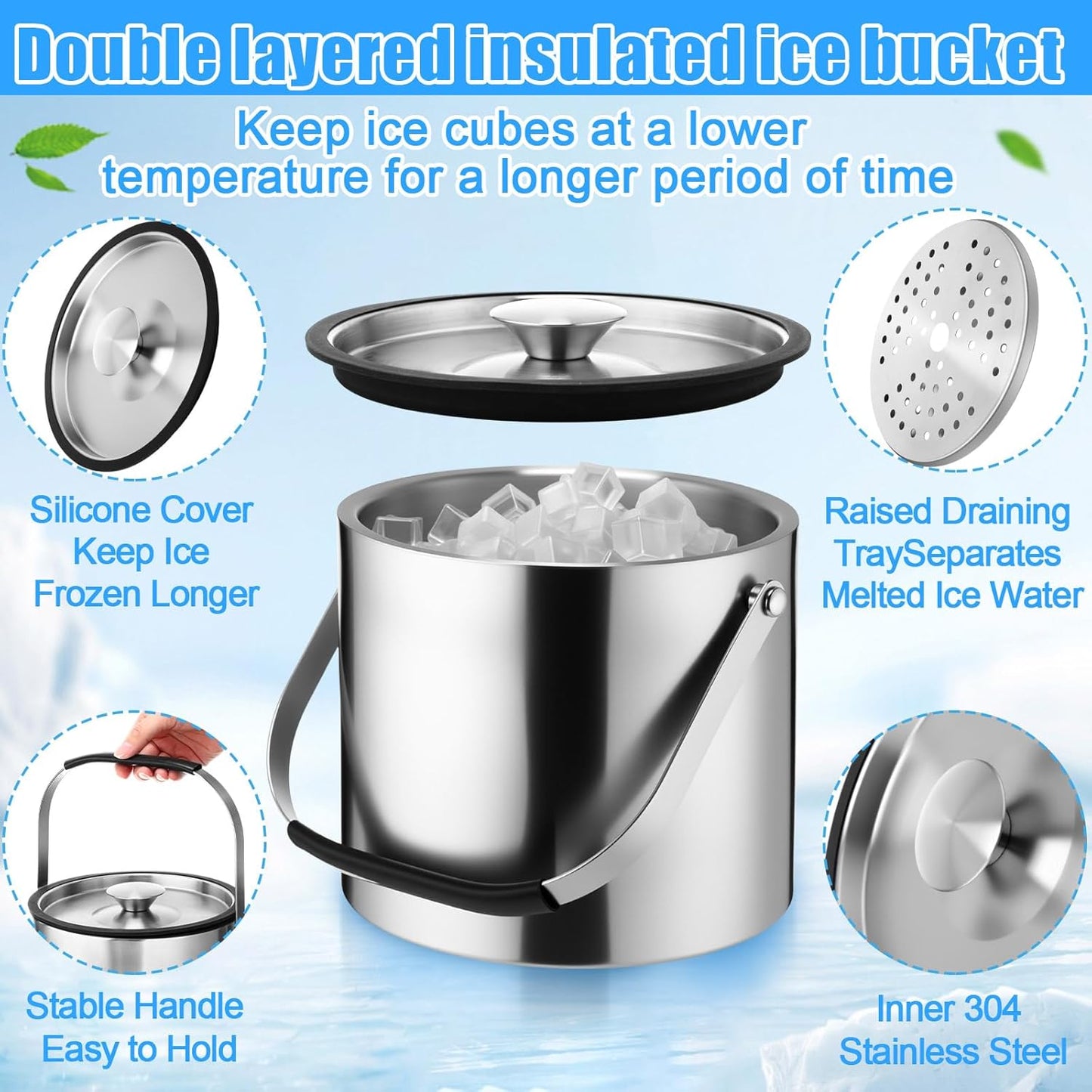 meekoo 3 L Double Wall Insulated Stainless Steel Ice Bucket with Lid, Scoop, Strainer, Handle Large Wine Ice Bucket Upgraded Cover Keep Frozen Longer for Cocktail Bar Parties(Silver)