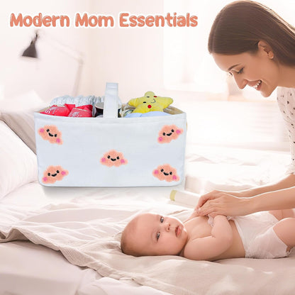 Baby Diaper Caddy Organizer with Handle - Durable Canvas Storage Basket with Cloud Embroidery, Portable Nursery Organizer for Newborn Essentials, Diaper Travel Bag, Baby Shower Basket-Pink