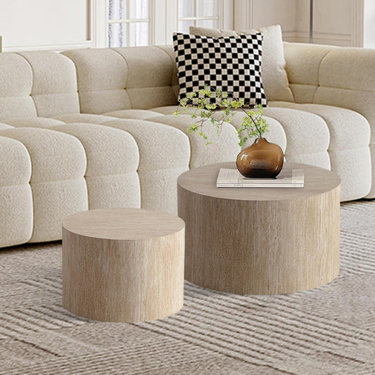 Round Nesting Coffee Table Set of 2, Modern Coffee and End Table Set Small Circle Wooden Drum Side