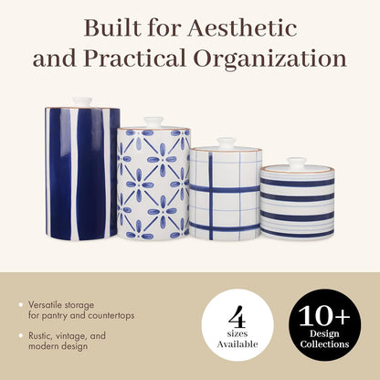 Young's Inc. 4 Pcs Set Cylindrical Ceramic Canisters- Storage Container for Kitchen and Bathroom - Beautiful Home Decor Accent to Store Food, Coffee, Tea, and More - White, Blue