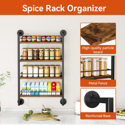 IBUYKE Spice Rack Wall Mount,4 Tier Hanging Seasoning Organizer,Large Spice Rack for Wall for up to 50 Jars,Spice Organization for Kitchen Cabinet,Bathroom,Pantry,Living Room,Brown TLJ016H