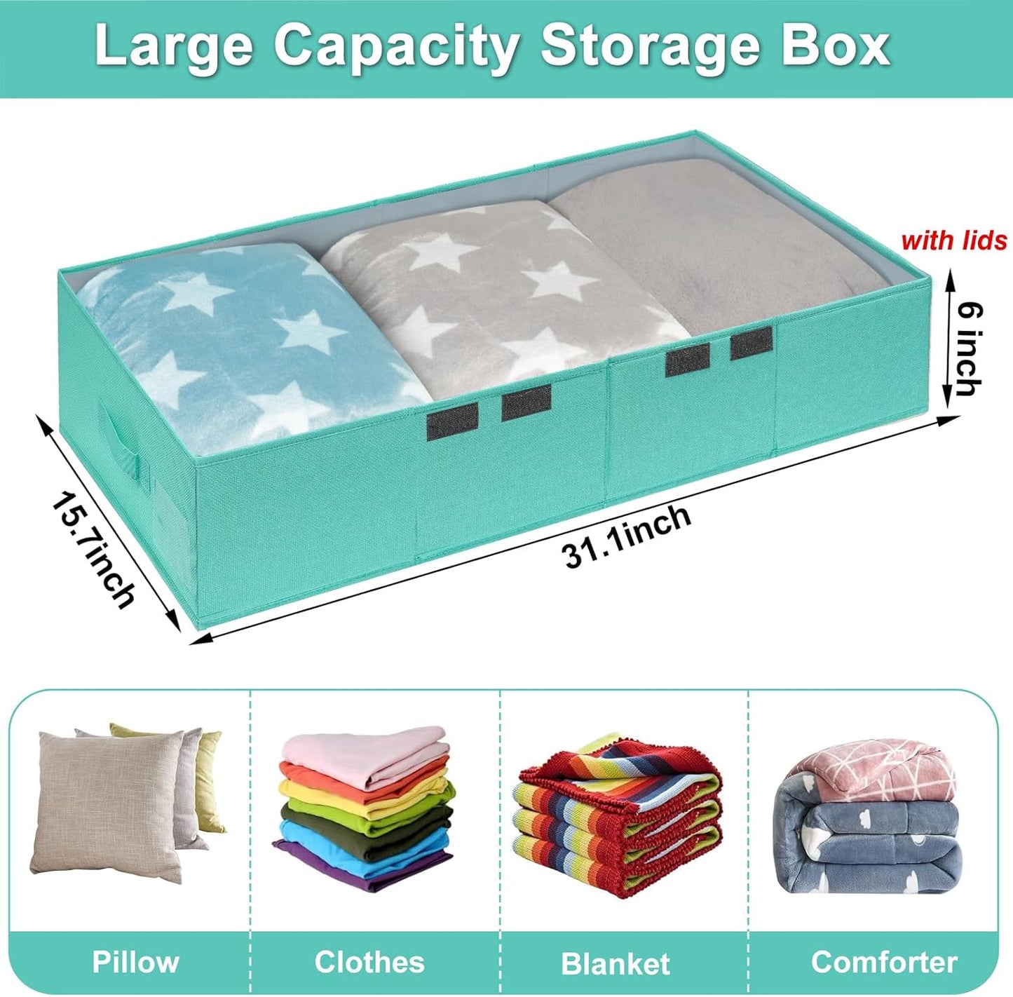 punemi Under Bed Storage With Lids, 2 Pack Large Underbed Storage Containers Clothes W/ 3 Handles, Foldable Low Profile Stackable Drawer Organizer Bins Box for Blanket Shoe,Tiffany Blue