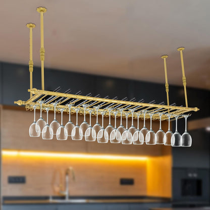 Hanging Wine Rack 59" Wall Mounted Wine Glass Rack Ceiling Adjustable Hanging Bar Glass Holder Shelves for Kitchen Bar Restaurants Industrial Iron Storage Shelf