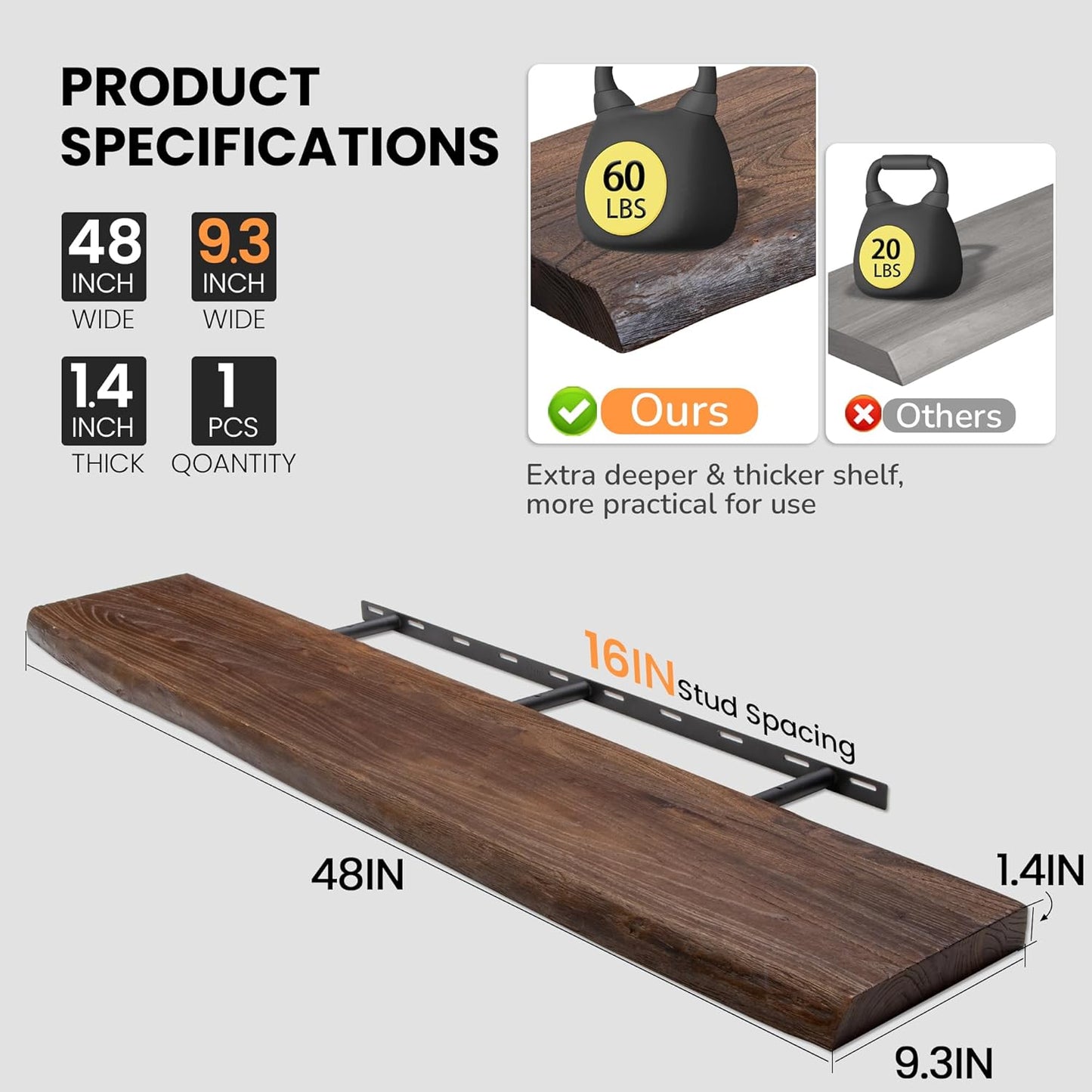 Floating Shelves for Wall, 48"x9.3" Rustic Solid Live-Edge Elm Wood Wall Shelves, Heavy-Duty Floating Shelves with Invisible Brackets, Set of 2 for Living Room, Bedroom, and Kitchen, Walnut Finish