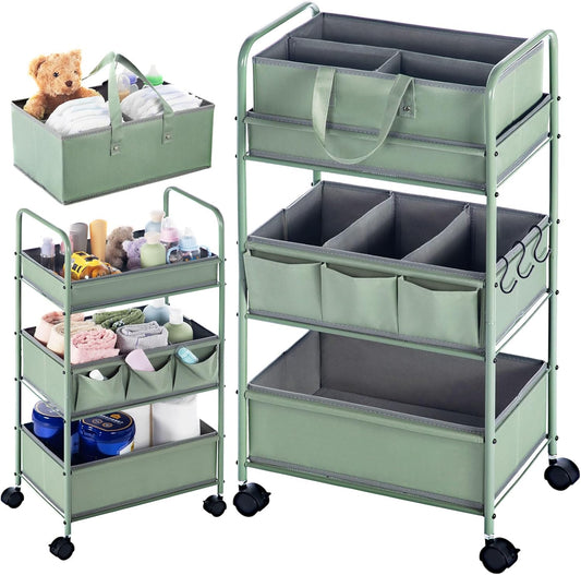 Honeydak 2in1 Baby Diaper Caddy Organizer Cart 3 Tier Large Capacity Metal Utility Bedside Rolling Cart with Divider for Newborn Nursery Essential Must Have for Crib Bedroom Baby Shower(Green)