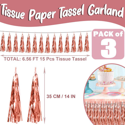 3P Rose Gold Foil Fringe Metallic Tassel Streamers Banner Tassel Garland for Parade Floats, Bachelorette, Wedding, Birthday, Halloween, Christmas, Bridal/Baby Shower Party Decorations