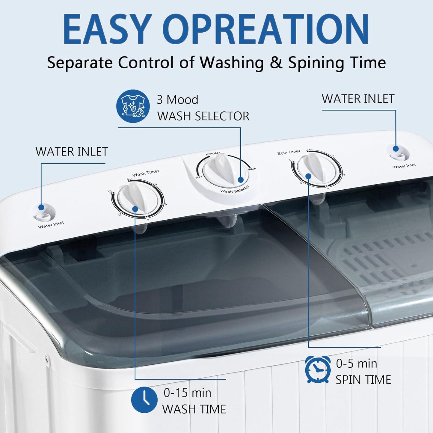 Portable Mini Twin Tub 22lbs Washing Machine With Drying Rack& 10 Hangers, 13lbs Washer & 9lbs Spinner, Small Laundry Washer with Time Control for Camping, Apartments, RV (22lbs)