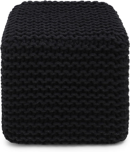 REDEARTH Cube Pouf Foot Stool Ottoman - Hand Knitted Poof - Cord Boho Pouffe - Home Décor - Stuffed Footrest for Living Room - Bedroom - Covered Patio (16" x 16" x 16") - Black