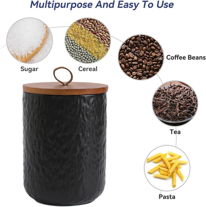 Kitchen Canisters for Countertop, Ceramic Coffee Canisters with Airtight Lids Food Storage Jars Sugar Container for Kitchen Counter Tea, Coffee Beans, Spice (#001Black-Set of 3)