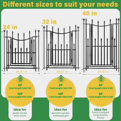 10 Panels No Dig Decorative Garden Fence with Gate, 24in(H) × 22ft(L) Heavy-Duty Rustproof Metal Panels, Outdoor Dog Barrier for Yard & Patio, Landscape, Border| Portable Temporary Fencing