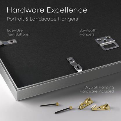 Homeforia 8.5x11 Picture Frame Silver, High End Metal 8.5 x 11 Poster Frames with Mat 6 by 8 Photo, 11x8.5 Frame Matted to 6x8 Print, 8.5by11 Wall or Tabletop Frame, Tempered Glass, Wall Kit, Set of 1