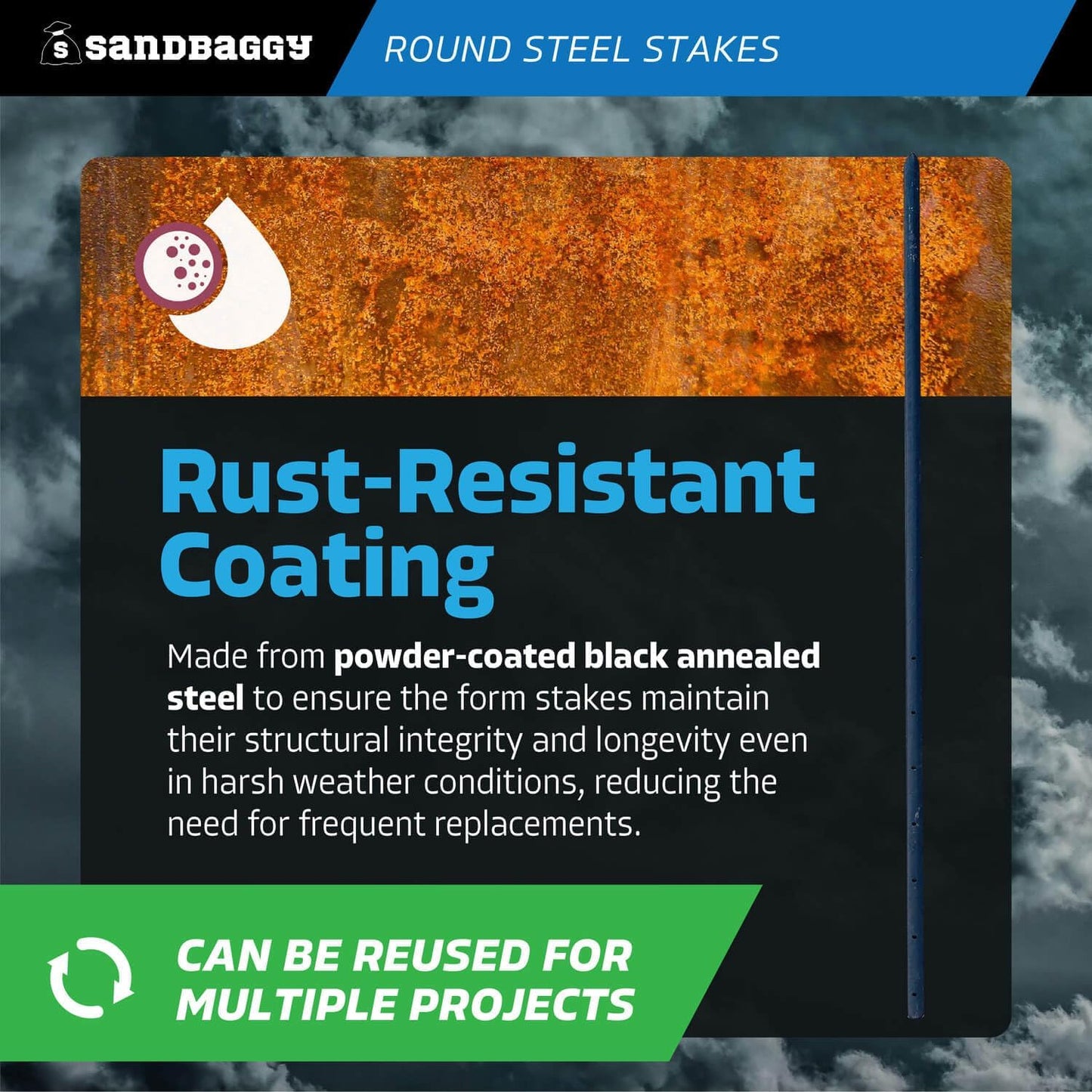 Sandbaggy Round Steel Concrete Form Stakes with Nail Holes - Rust Resistant Coating - Removable, Reusable (25, 3/4 in X 48 in)