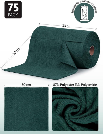 Fantasticlean Microfiber Cleaning Cloth Roll -75 Pack, Tear Away Microfiber Towels, 12" x 12", Reusable, Washable, Scratch Free, Ultra Absorbent Dish Rags for Car, Home, Garage or Shop (Forest Green)