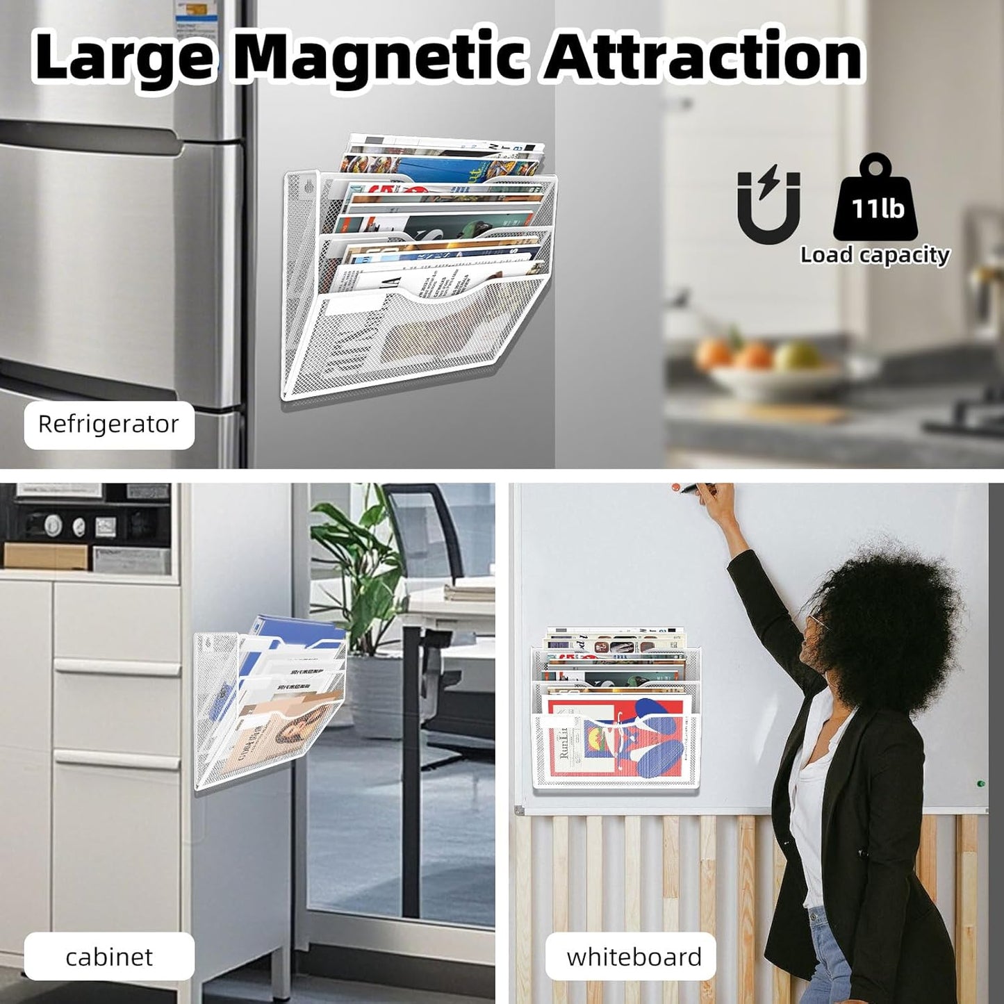 3-Tier Magnetic File Holder, No Drilling Installation File Cabinet Organizer, White Magnetic File Organizer, Magazine Rack, Magnetic Paper Holder for Refrigerator, File Cabinets,White