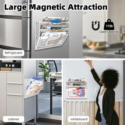 3-Tier Magnetic File Holder, No Drilling Installation File Cabinet Organizer, White Magnetic File Organizer, Magazine Rack, Magnetic Paper Holder for Refrigerator, File Cabinets,White