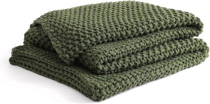 YnM Chunky Cotton Knit Throw Blanket, Cable Knit Throws for Bed Couch Sofa, Comfy & Relaxing, Decorative Piece for Farmhouse Modern Boho Rustic Scandinavian Chic Vibe, Pine Green 80x87 Inches