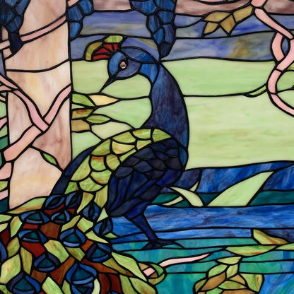 Bieye W10094 Peacock in Garden Tiffany Style Stained Glass Window Panel for Home Decor (Blue, 24" Round)