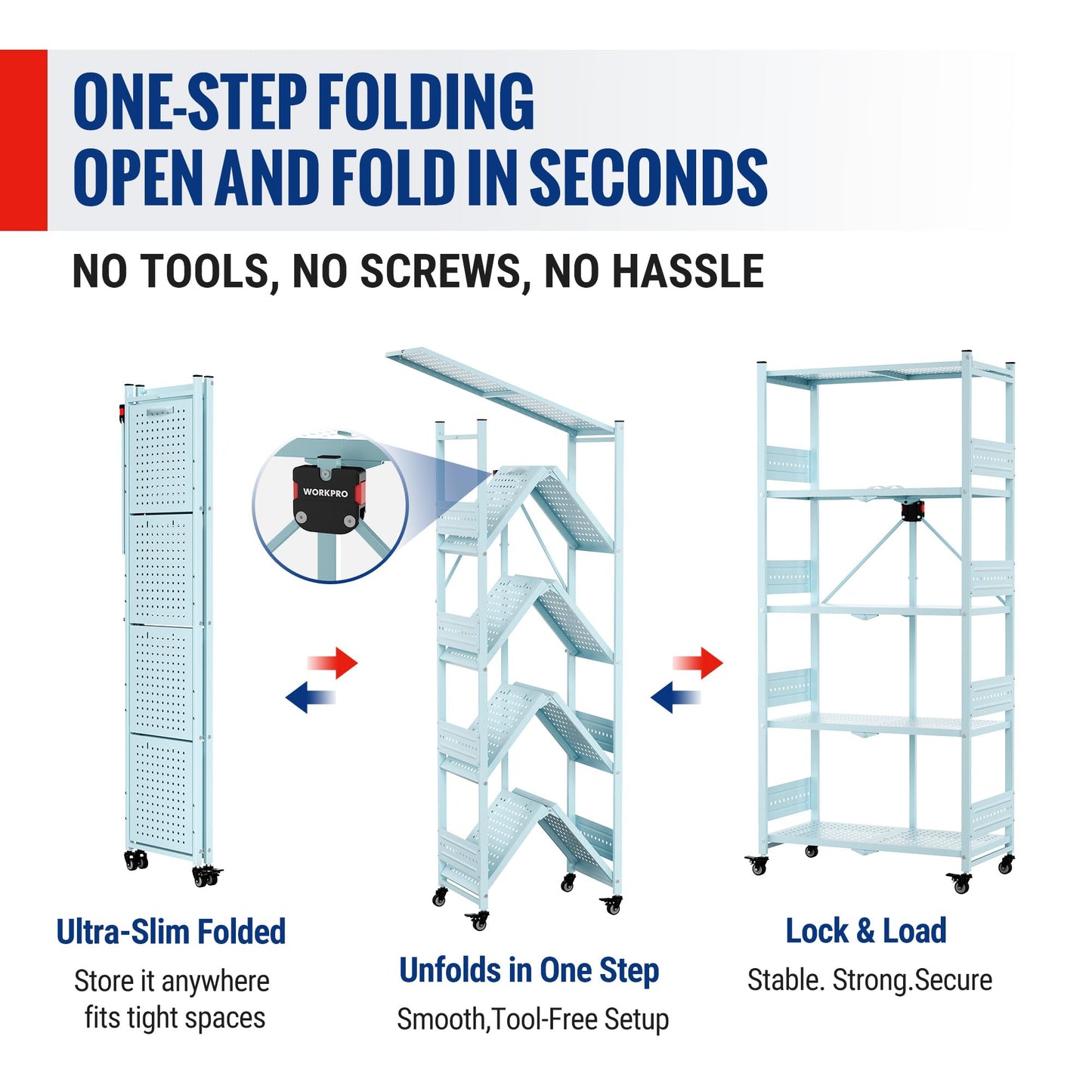 WORKPRO 5-Tier Folding Shelf, No-Assembly Metal Storage Rack with Wheels, 750 lbs Capacity (with