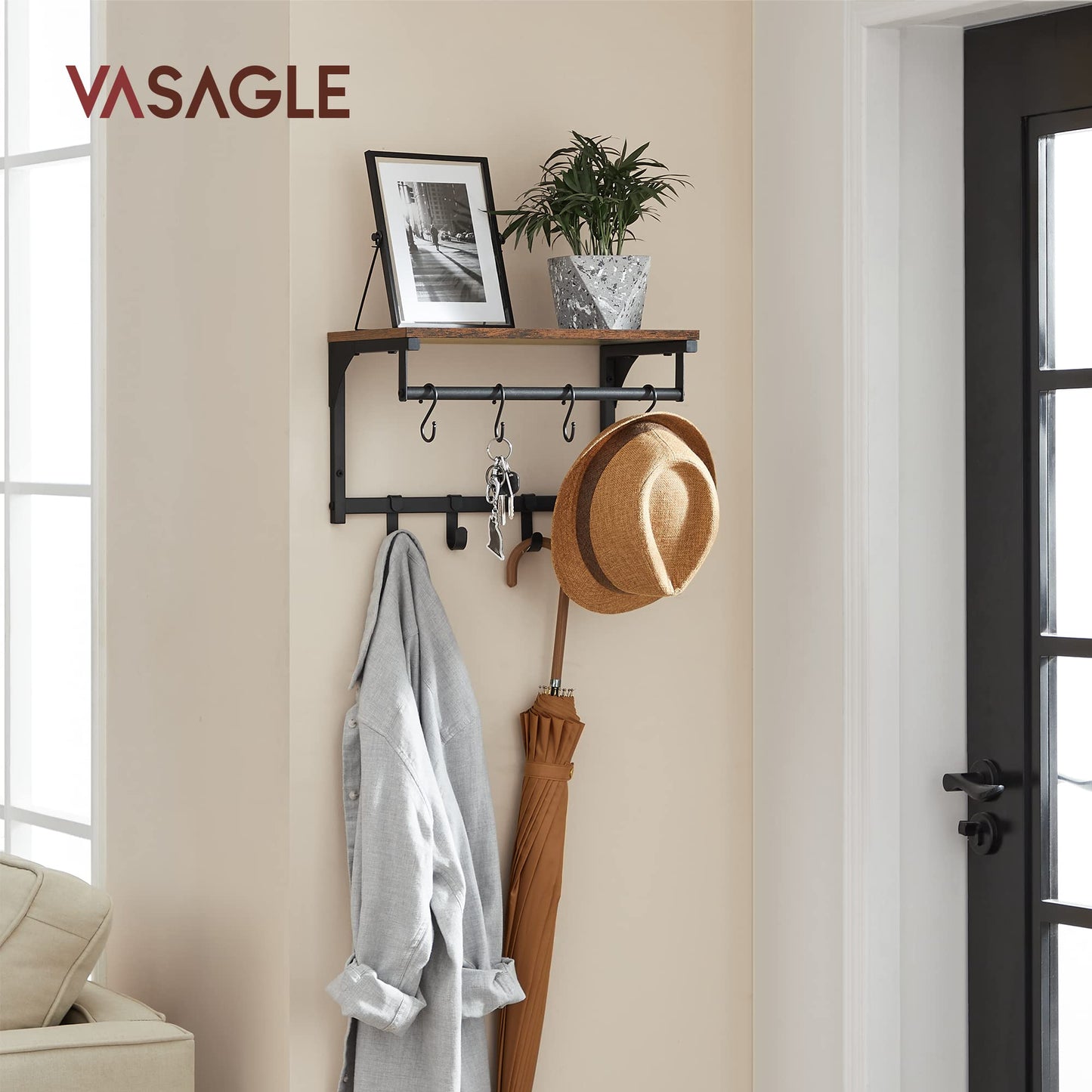 VASAGLE Laundry Room Shelf Wall Mounted, Coat Rack Shelf, with 8 Removable Hooks, for Entryway