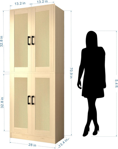 Oak Rattan Kitchen Pantry, 71" Tall Storage Cabinet with Doors, Boho Hutch for Dining Room