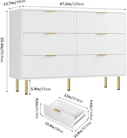 GarveeHome Fluted Wood 6 Drawers Dresser for Bedroom, Large Modern Chest of Drawers, White Dresser with Gold Handle, Wood Drawer Organizer for Bedroom, Living Room, Hallway, Entryway