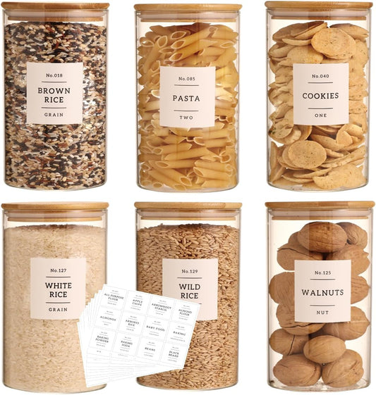 6 Pack Glass Jar with Airtight Bamboo Lid and White 132 Kichen Pantry Labels Preprinted - 28 Oz Clear Round Glass Food Storage Containers set For Tea Coffee Bean Cookie