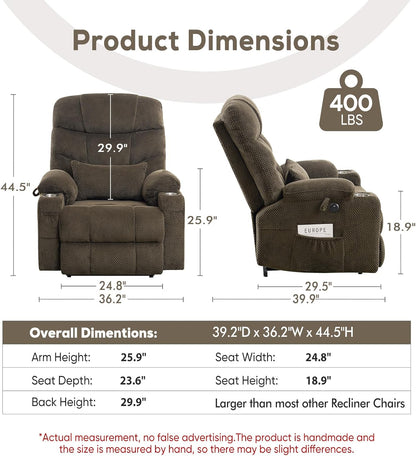 Oversized Dual Motor Lay Flat Power Lift Recliner Chair with Massage, Heating, Lumbar Pillow, USB & Type-C Ports, Textile Lift Chairs Recliners, Large Recliner for Big & Elderly People - Brown