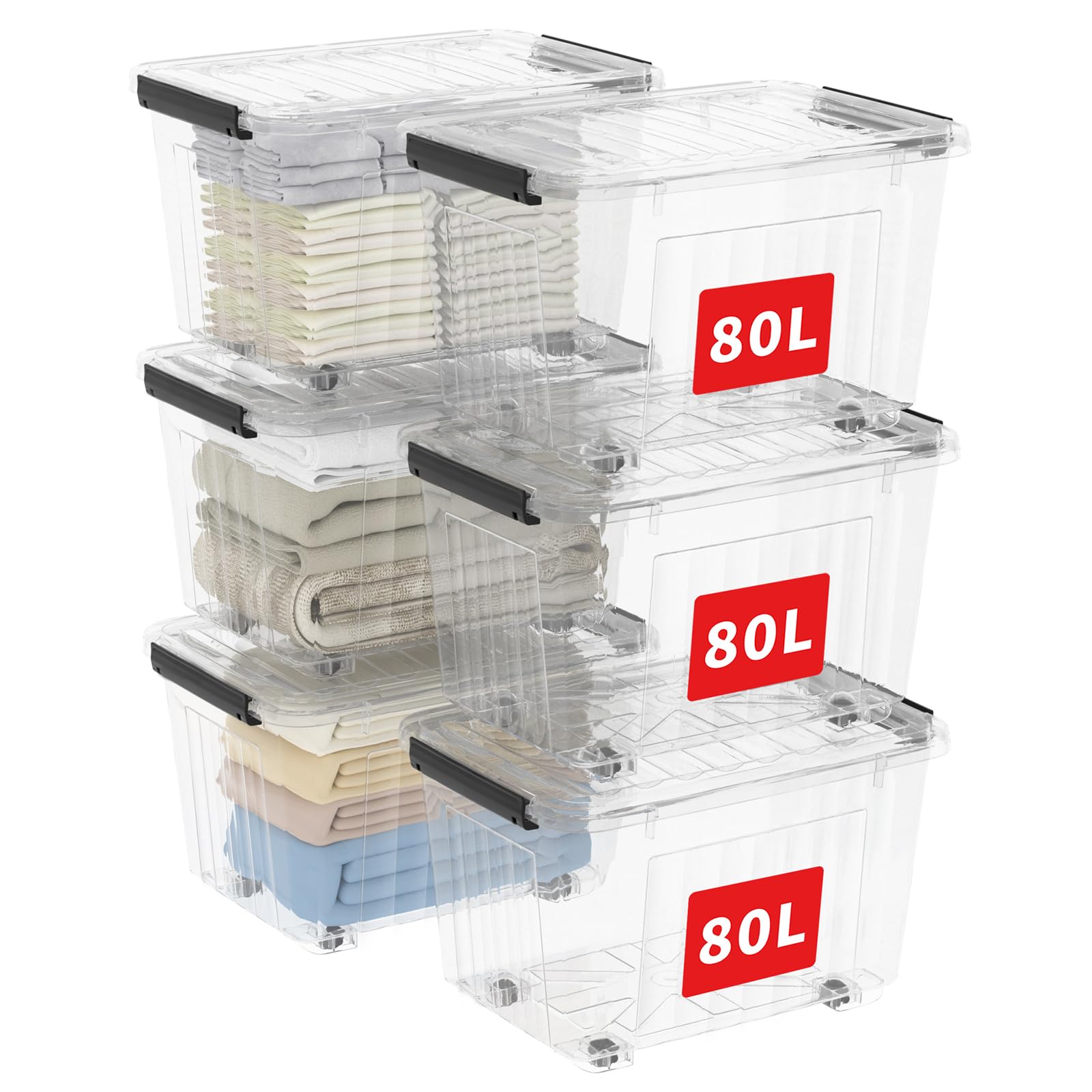 Cetomo 85Qt*6 Plastic Storage Bins, Storage Box, 6 Pack, Organizing Container with Wheels, Durable