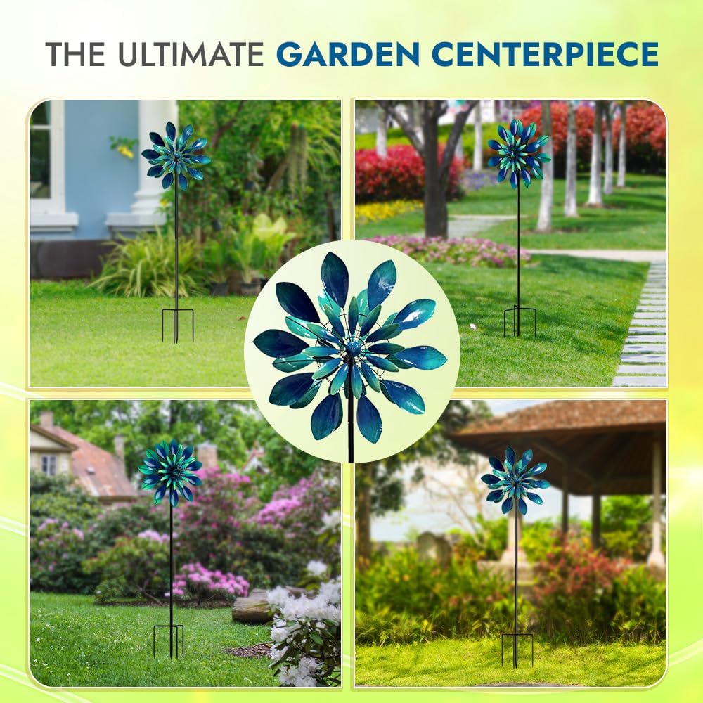 Large Wind Spinners - Decorative Garden Whirligigs - Durable Metal Flower Art - Ideal for Yard Decor and Gifts - Outdoor Accessories - Designed for Patios & Landscapes Blue 24"W x 84"H
