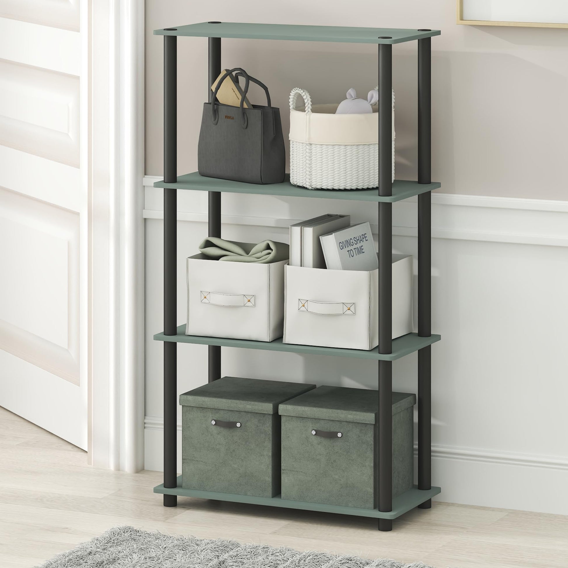 Furinno Turn-N-Tube Storage Shelves, 4-Tier Book Shelf, Corner Shelf, Toolless Open Shelves, for