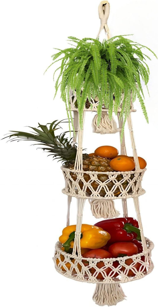 Pony River Hanging Fruit Basket, 3 Tier Cotton Macrame Produce Basket for Kitchen, Indoor Planter Hangers.
