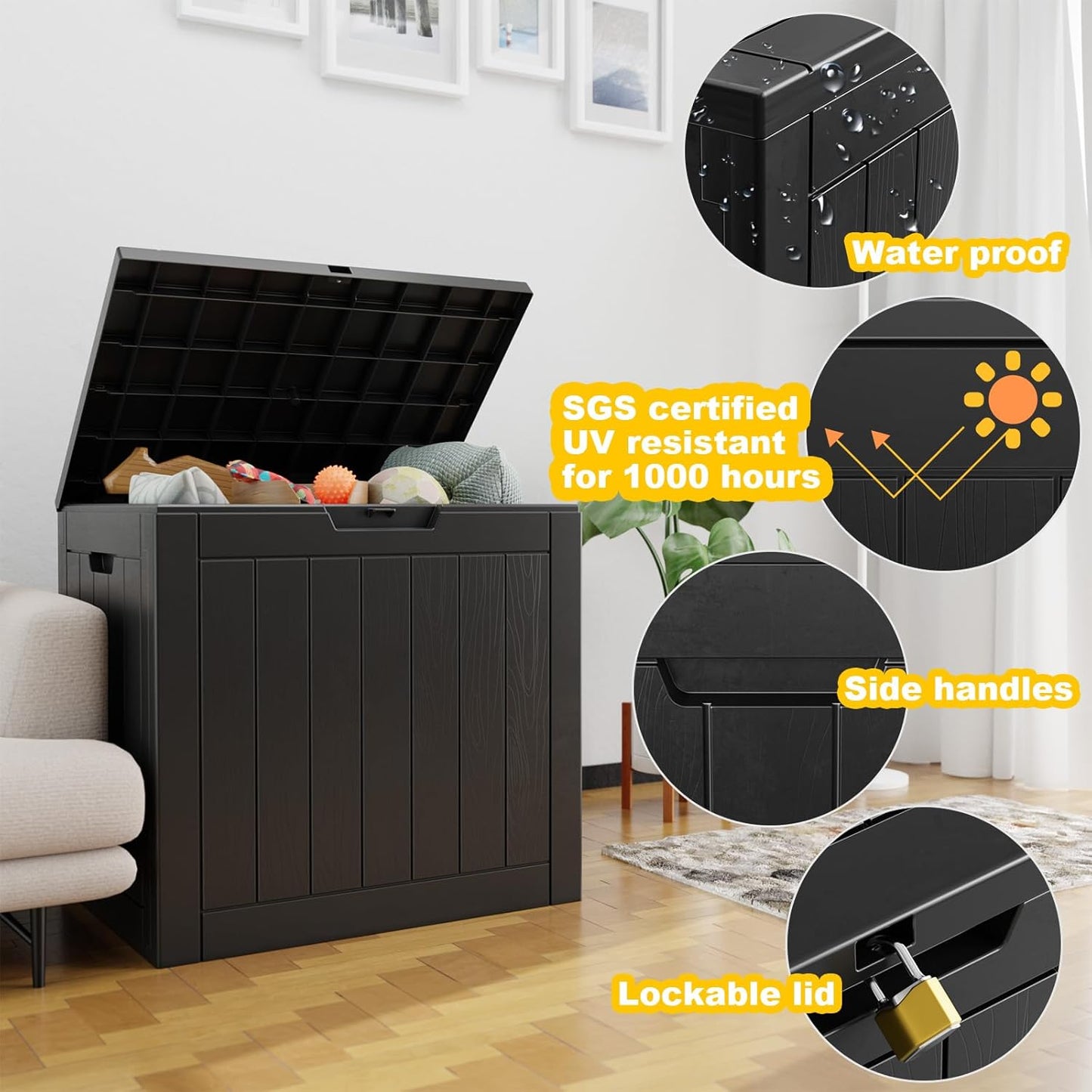 Vixzen 30 Gallon Resin Deck Box, Lockable Outdoor Storage Box for Patio Cushions Storage Furniture,Garden Tools, Pool Supplies, Weatherproof and UV Resistant- Black