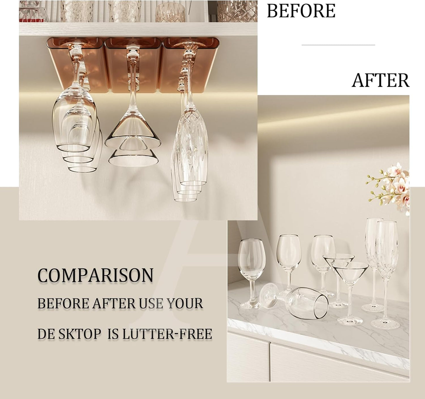 2Pack Wine Glass Rack, Punch-free Stemware Rack for Kitchen and Bar (Amber)