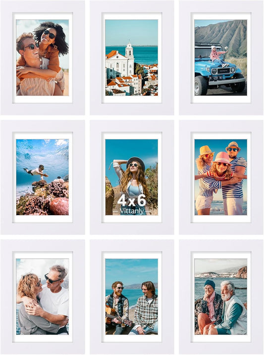 Vittanly 4x6 Picture Frames Set of 9, Shatter Resistant Plexiglass, Display 3.5x5 Pictures with Mat or 4x6 without Mat, Photo Frames for Wall or Tabletop, Engineered Wood, White