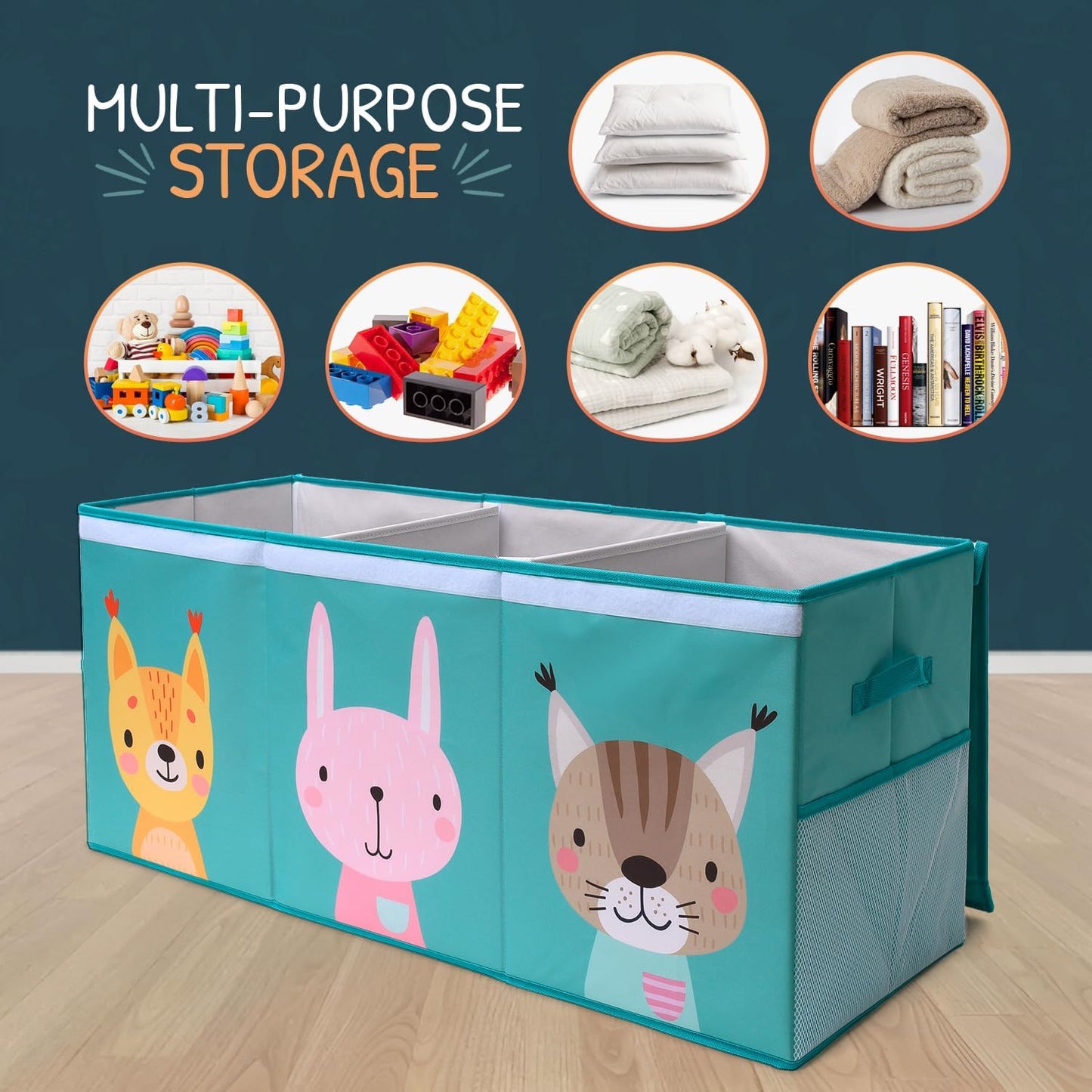 Extra Large Toy Storage Organizer with Lid - Sturdy, Collapsible Toy Chest Storage Box with Cute Design - Toys Bin with Dividers for Kids, Boys, Girls, Nursery, Bedroom, Play room 37"x16"x14"