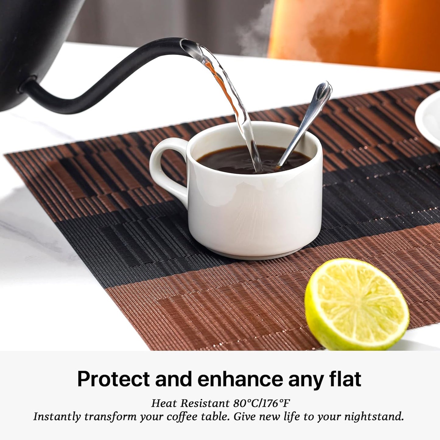 LEXMORE Placemats Set of 6 Vinyl/Plastic Woven Place Mats for Kitchen Table Indoor/Outdoor Washable Placemat Wipeable Dining Table Mats(Ombre Brown Black)