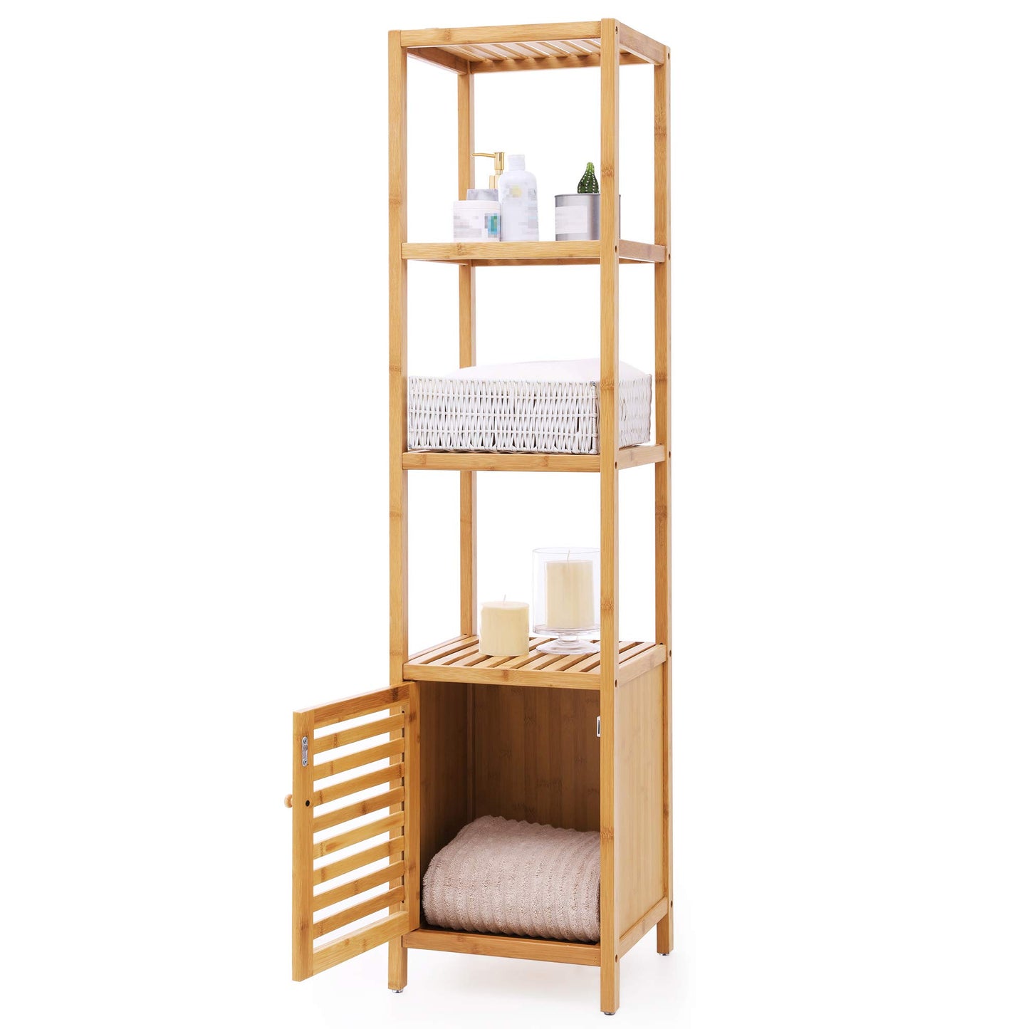 SONGMICS Bamboo Bathroom Storage Floor Cabinet, 4 Tiers Multifunctional Floor Shelving Unit, Free