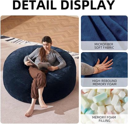 Bean Bag Chair 4Ft, Memory Foam Filled, Large Beanbag Chairs for Adults and Teens, Soft Sofa with Removable Flannel Cover, Round Couch for Living Room Bedroom College Dorm (Blue, 4FT-47×47"×24")