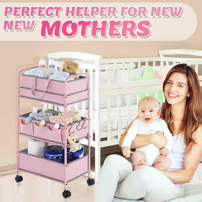 Honeydak 2in1 Baby Diaper Caddy Organizer Cart 3 Tier Large Capacity Metal Utility Bedside Rolling Cart with Divider for Newborn Nursery Essential Must Have for Crib Bedroom Baby Shower(Pink)
