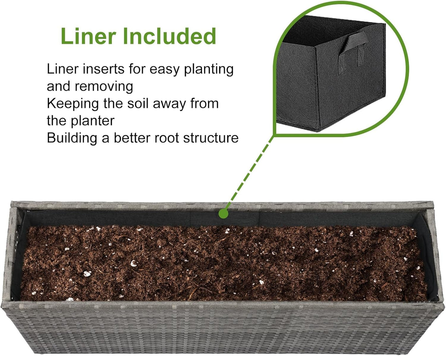 LEWIS&WAYNE Large Rectangular Block Planter Box Handmade Wicker Tall Planters for Outdoor Plants with Removable Liners Modern Planter for Indoor Outdoor Patio Deck - Gray, 36''x12''x16''