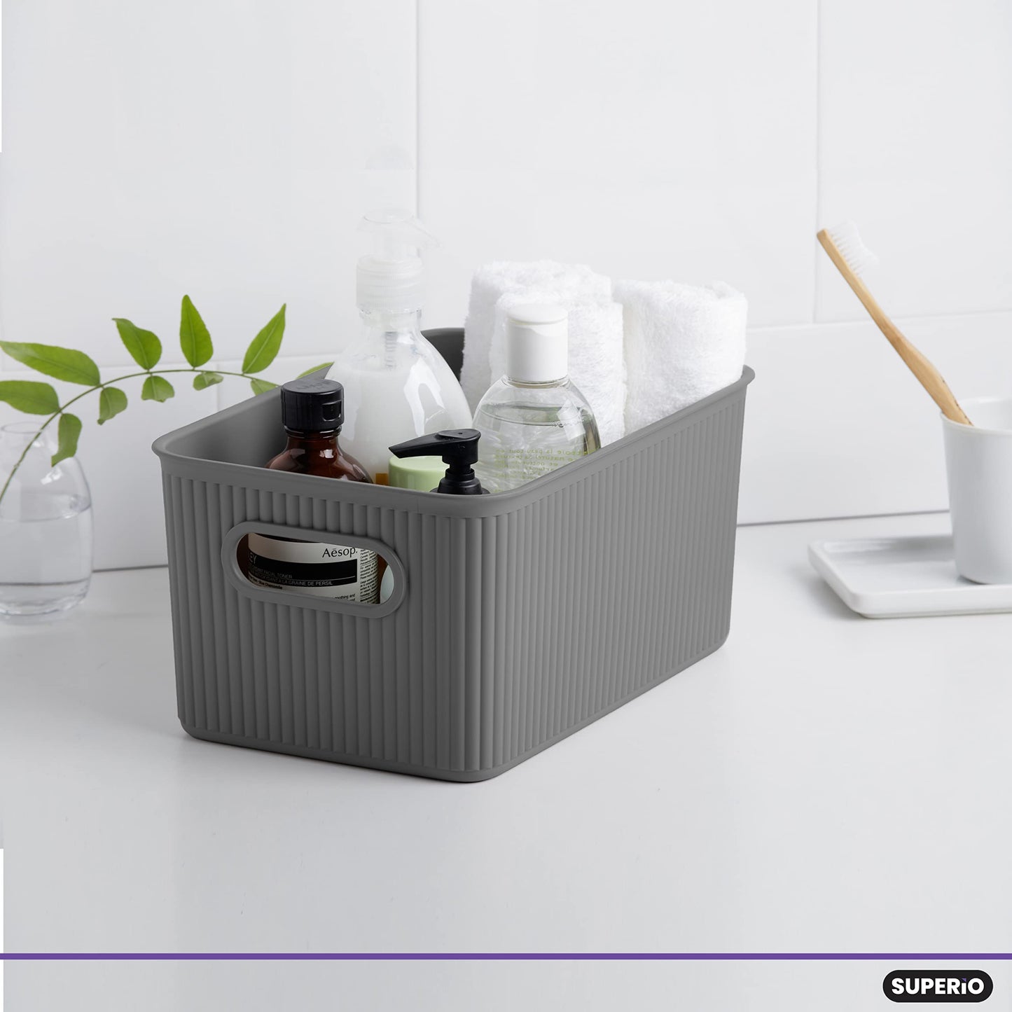 Superio Decorative Lidded Home Storage Bins, Plastic Organizer Baskets, Medium Grey (2 Pack - 5