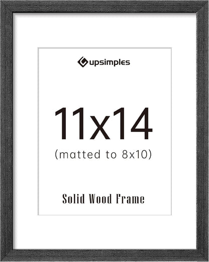 upsimples 11x14 Picture Frame, Natural Solid Wooden Picture Frames, Display 8x10 with Mat or 11 x 14 Without, Vertical or Horizontal Wall Hanging, 1 Pack, Black