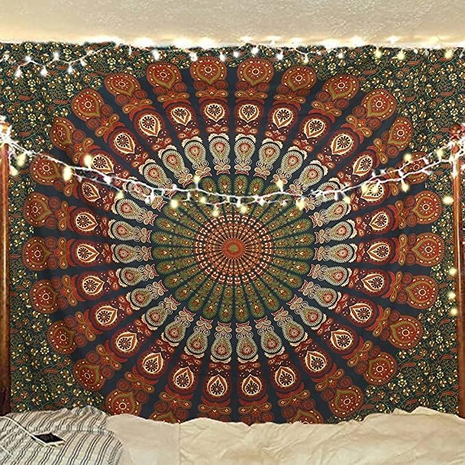Bless International Handmade Indian hippie Bohemian Psychedelic Peacock Mandala Wall hanging College Dorm Beach Throws Table Cloth Bedding Tapestry (Golden Green, Poster(30x40Inches)(76x101cms))