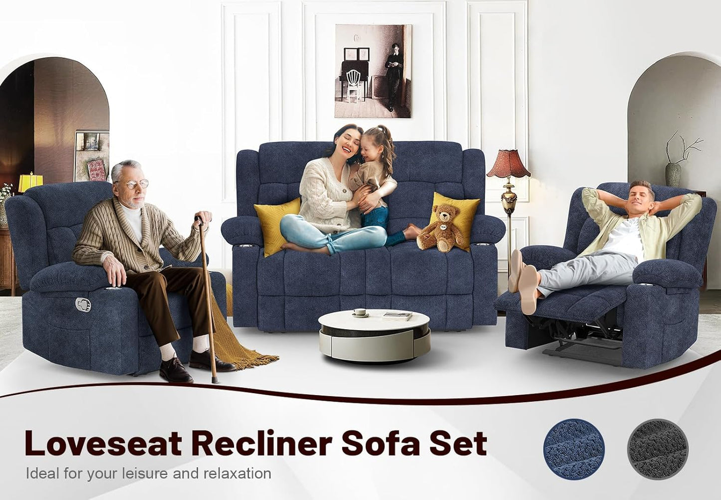Loveseat Recliner Sofa Set with 2+1+1 Pieces, 2 Seater Minimalist Style Fabric Manual Pull Tab Reclining Loveseat with USB Charge Ports, Cup Holders, Recliner Couches for Living Room, RV, Blue